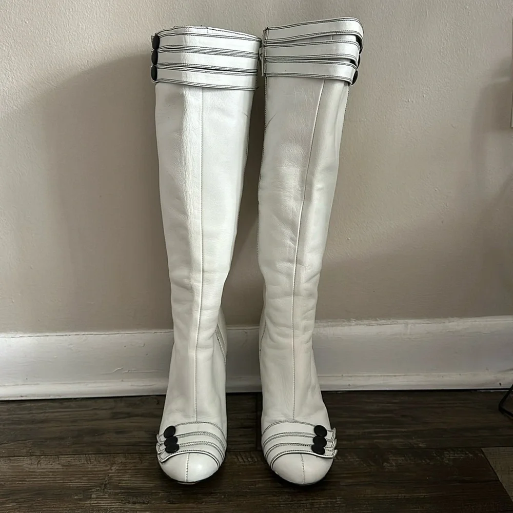 Miss Sixty White Tall Leather Boots with Black Trim